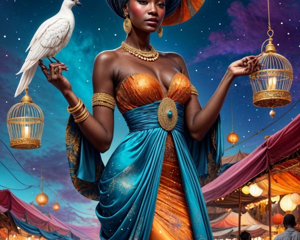 Regal Figure in Vibrant Market Under Starry Sky