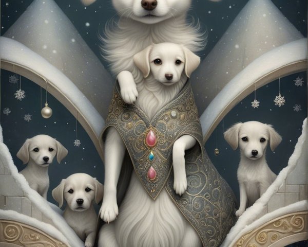 Fluffy White Dog with Crown and Puppies in Winter Scene