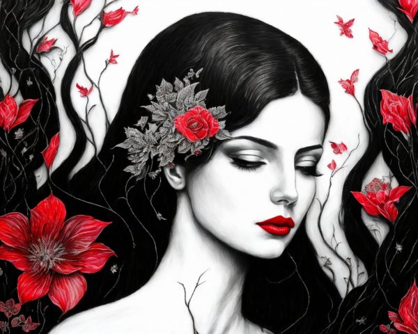 Serene Woman with Floral Arrangement and Vivid Background