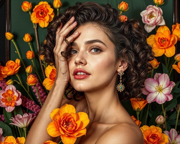 Glamorous Woman Posing Against Colorful Floral Backdrop