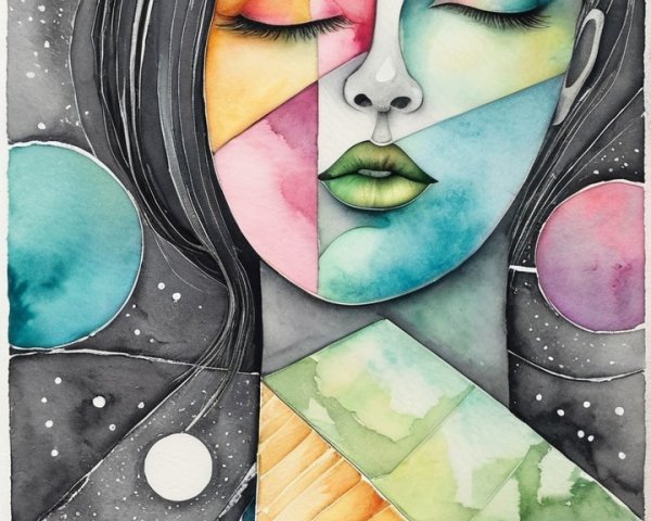 Geometric Female Figure with Abstract Planets and Colors