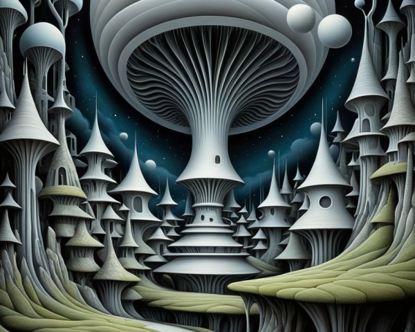 Surreal Landscape with Mushroom Structures and Night Sky