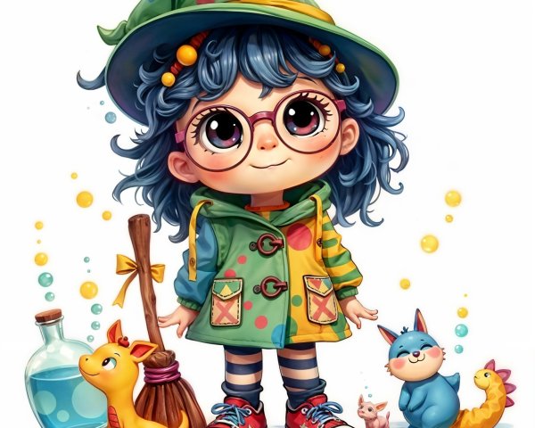 Cartoon Girl in Raincoat Surrounded by Whimsical Creatures