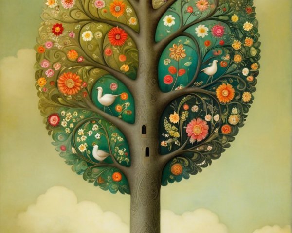 Whimsical Tree with Colorful Blossoms and Serenity