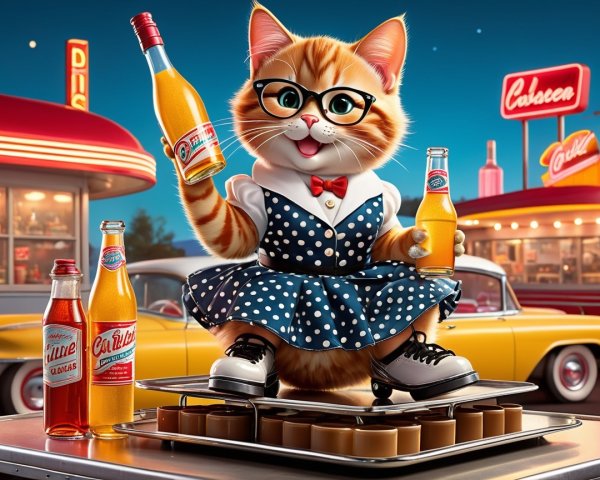 Cartoon Cat in Polka-Dot Dress at Retro Diner