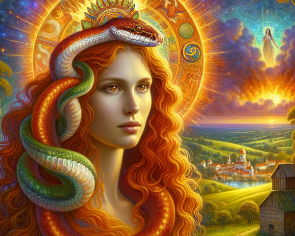 Portrait of a Woman with Red Hair and Snake Halo