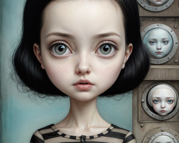 Surreal Portrait of a Girl with Green Eyes and Faces