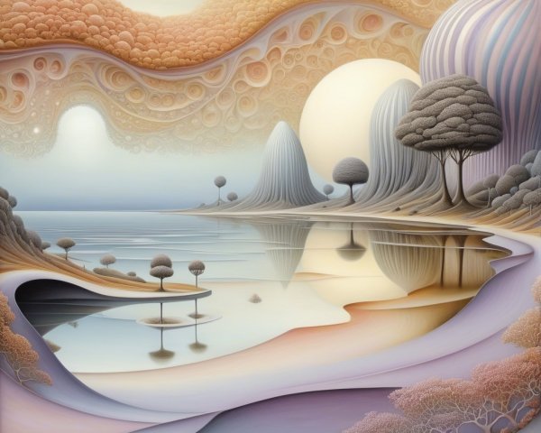 Surreal landscape with pastel hills and tranquil lake