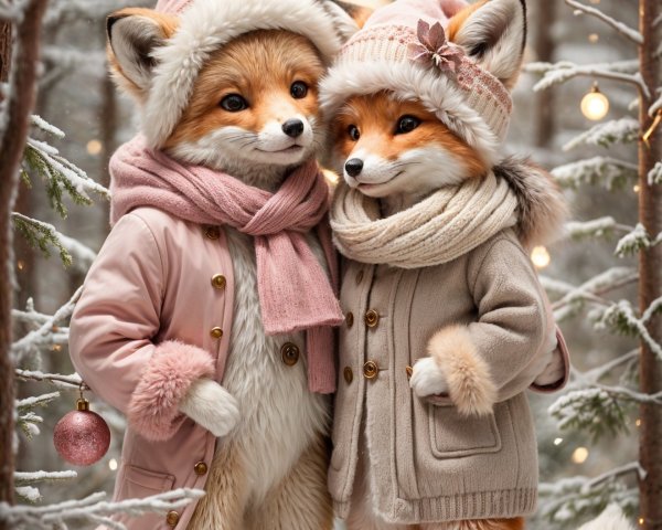 Cozy Winter Scene with Foxes in Stylish Coats