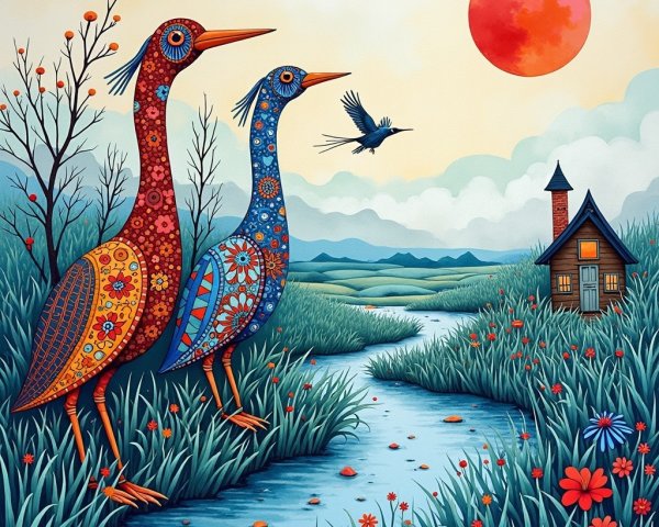 Herons by River with Whimsical House at Sunset