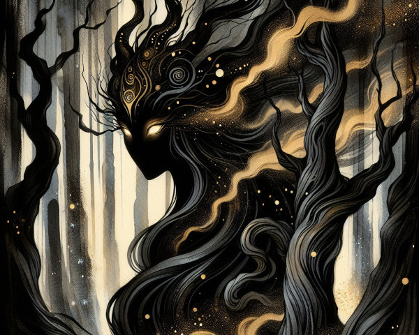 Shadowy Figure with Glowing Eyes in Dark Forest