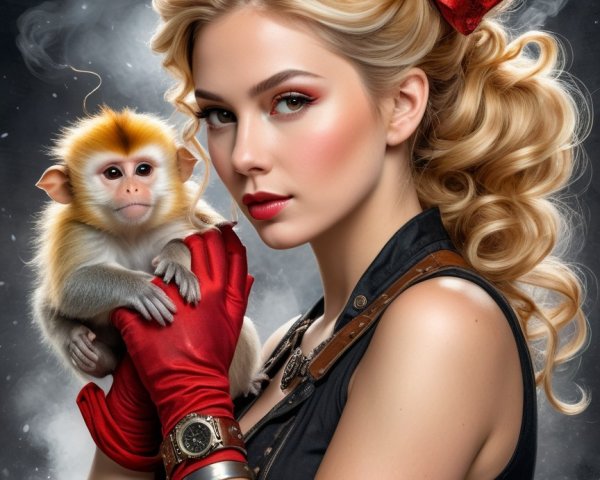 Glamorous woman with monkey in elegant setting