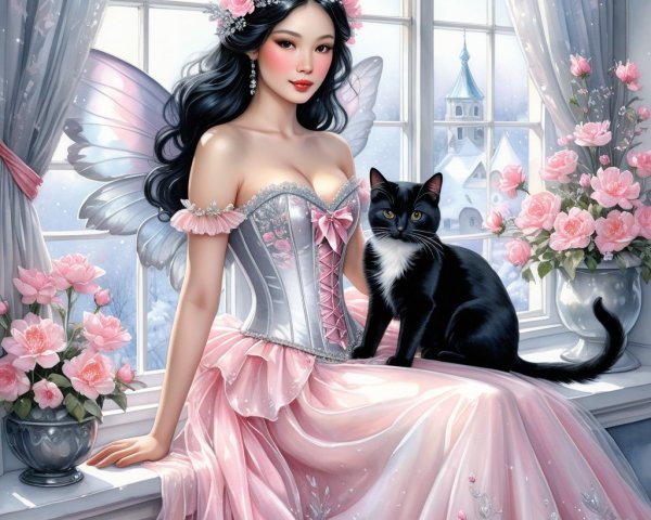 Fairy-like Figure by a Window with Black Cat and Roses