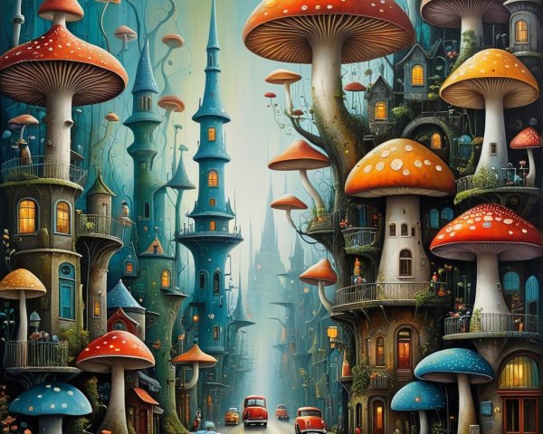 Whimsical Urban Scene with Colorful Mushrooms and Buildings