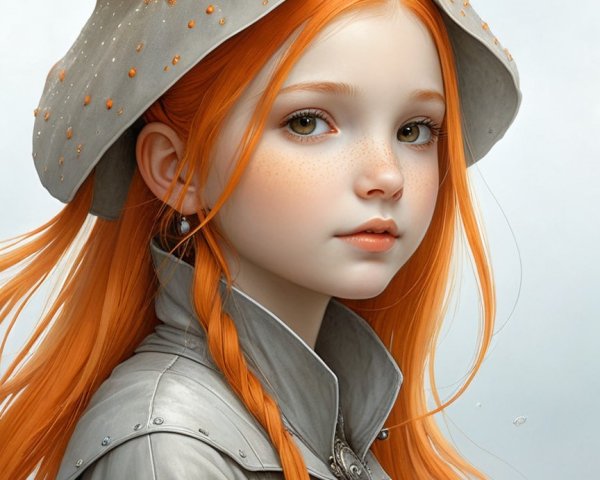 Young girl with orange hair and seashell hat