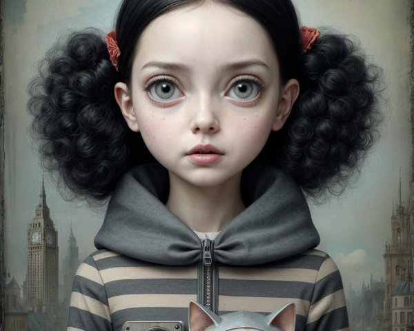 Girl with Pigtails in Vintage Cityscape Setting