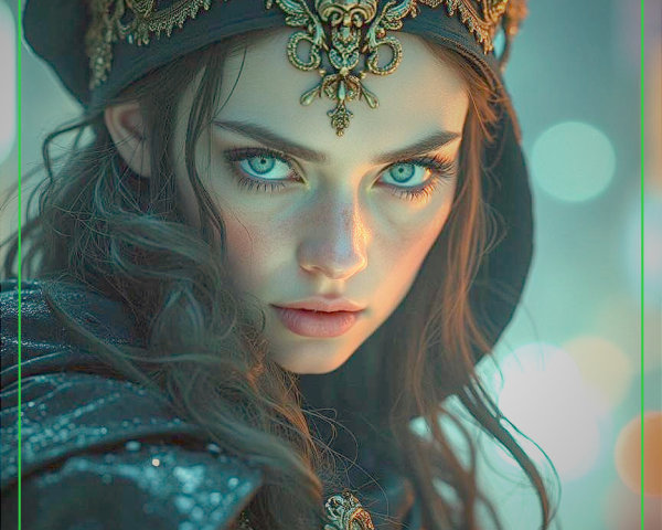 Young woman in ornate hood with vivid blue eyes