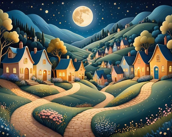 Whimsical Night Village Under a Glowing Moon