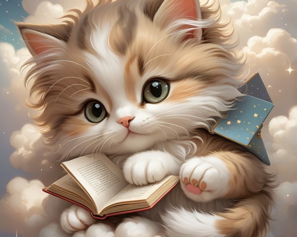 Fluffy Kitten in Clouds with Open Book and Backpack