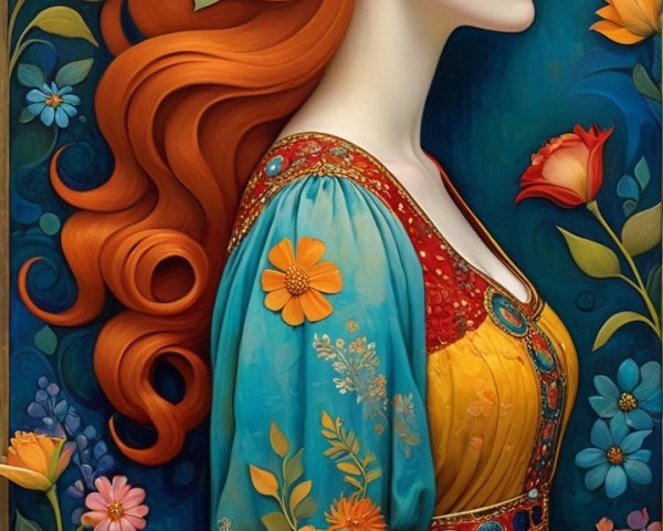Profile of a Woman with Red Hair and Floral Dress