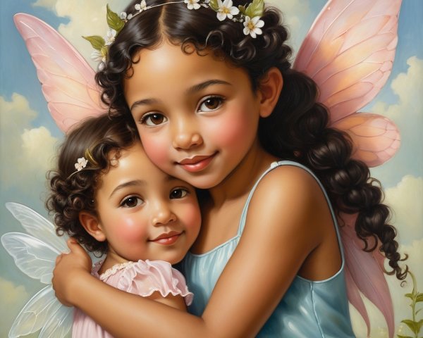 Young girls with butterfly wings in dreamy sky setting