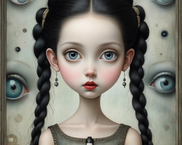 Girl with Blue Eyes and Surreal Background Elements