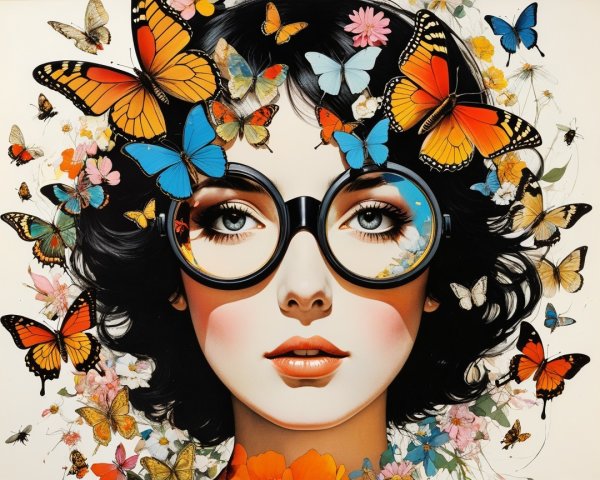 Portrait of a woman with glasses and colorful butterflies