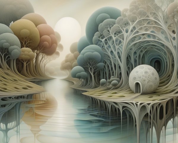 Surreal Landscape with Whimsical Trees and River