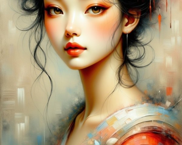 Stylized Portrait of Young Woman in Vibrant Kimono