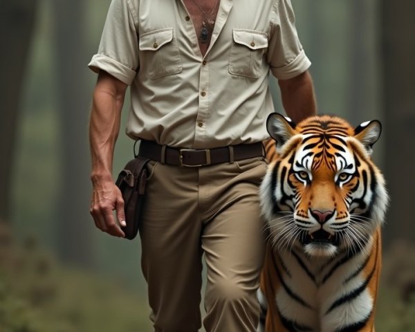 Rugged man and tiger walking through misty forest path