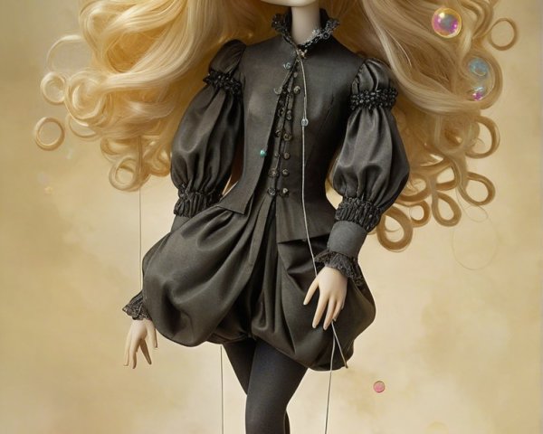Whimsical Marionette Doll with Bubbles and Soft Background