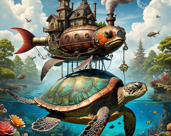 Steampunk Submersible Turtle with Victorian House