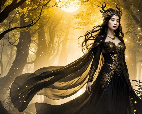 Mystical Figure in Enchanted Forest with Golden Light