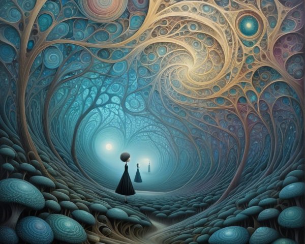 Surreal Forest with Flowing Gowns and Giant Mushrooms