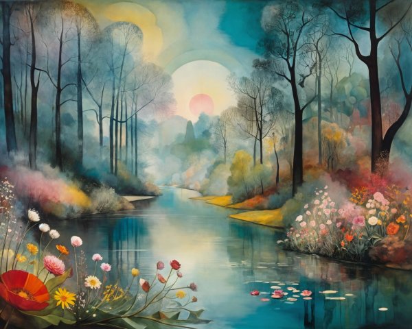 Tranquil River in Dreamlike Forest Landscape Painting