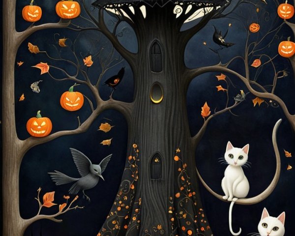 Whimsical Halloween Scene with Spooky Tree and Cats