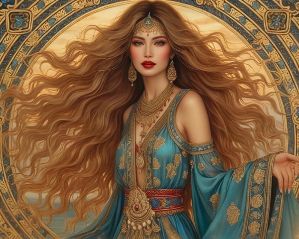 Elegant Woman in Blue Gown with Intricate Details