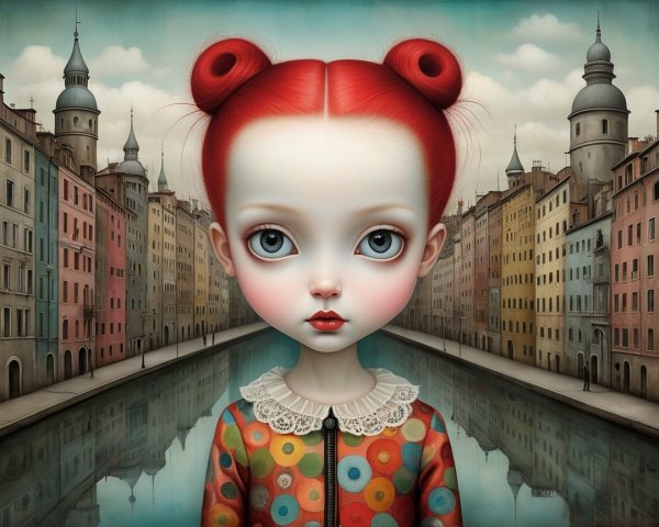 Whimsical girl with red hair by a serene canal