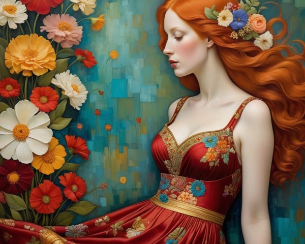 Serene Woman in Red Dress with Floral Hairpiece