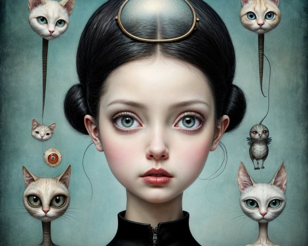 Surreal Portrait of a Girl with Whimsical Cats