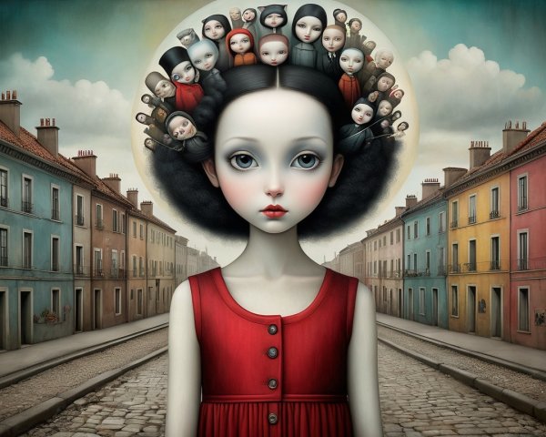 Surreal Illustration of Girl with Halo Hairstyle