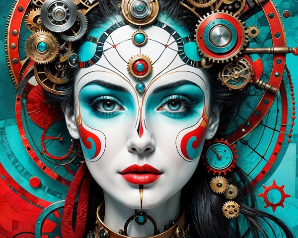 Portrait of a Woman with Mechanical Gears and Colors