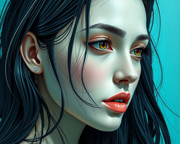 Portrait of a Young Woman with Black Hair and Golden Eyes