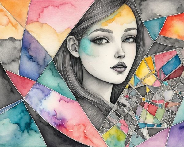 Portrait of a Young Woman with Colorful Mosaic Background