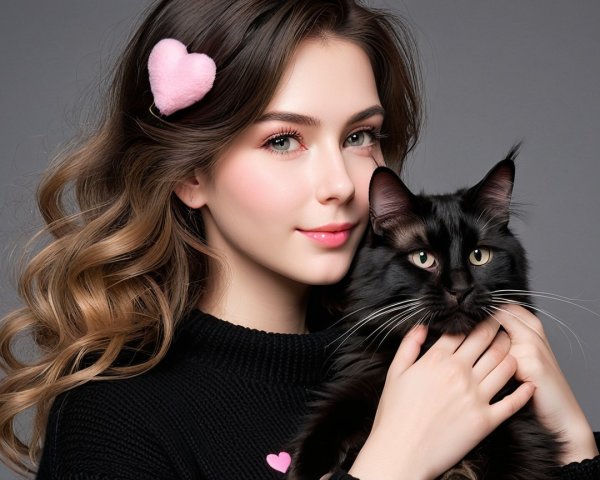 Young woman with black cat in affectionate pose