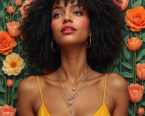 Woman with Curly Hair in Floral Background