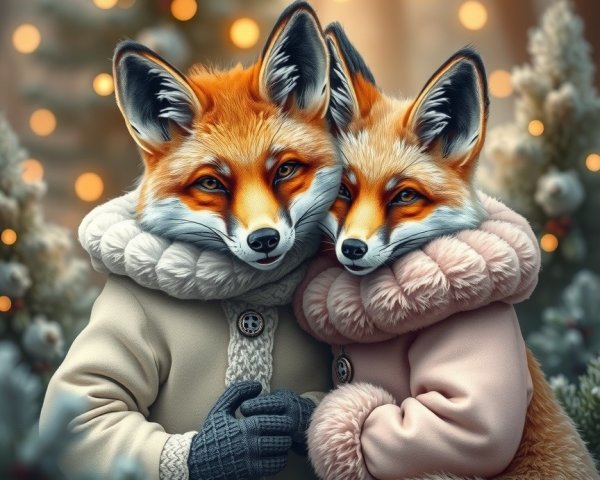 Charming Foxes in Winter Coats in Snowy Forest