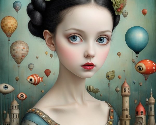 Whimsical Portrait of a Girl with Hot Air Balloons