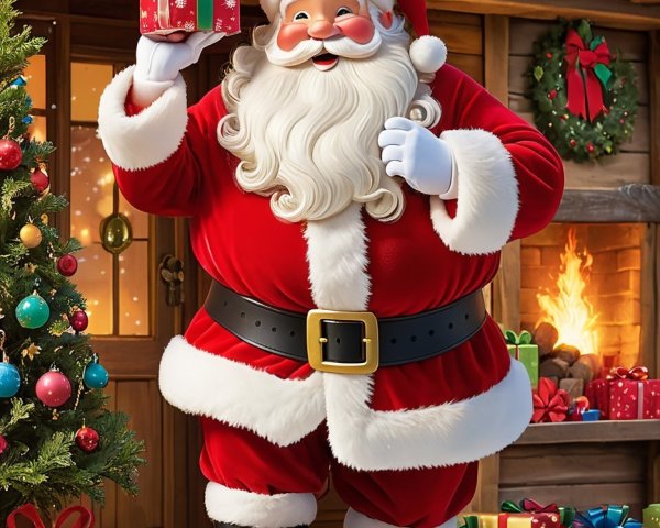 Cheerful Santa Claus with Gifts by Festive Cabin