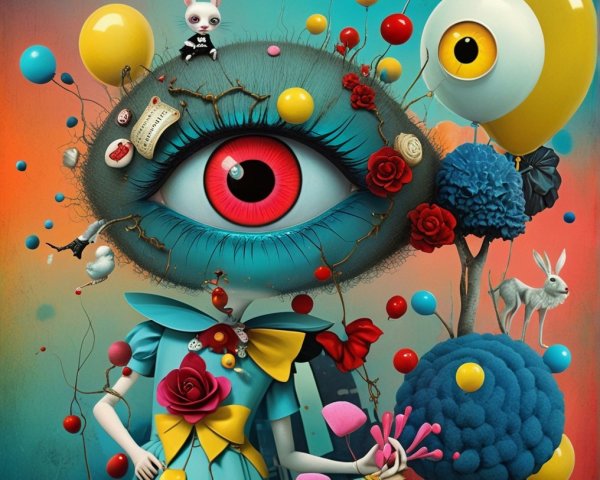 Whimsical Figure with Oversized Eye and Colorful Elements